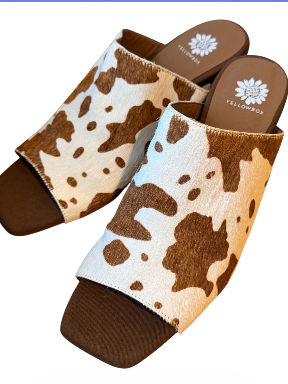 YellowBox 🩵 Brown & White Real Cowhide Slide Sandals New - Picture 1 of 4